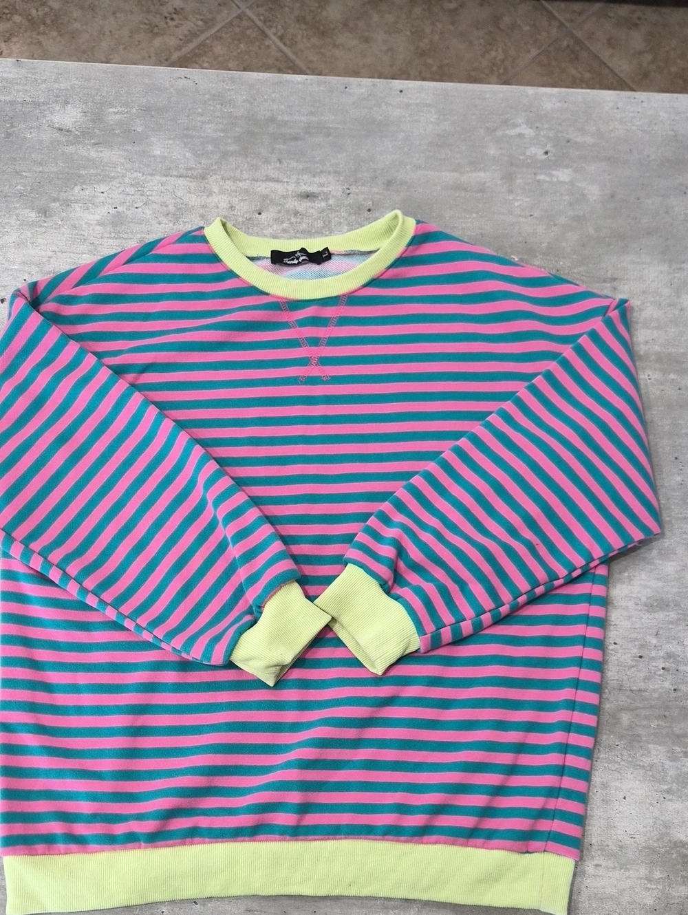 Women L Striped Crewneck Pajama Top - Pink & Teal with Lime Trim